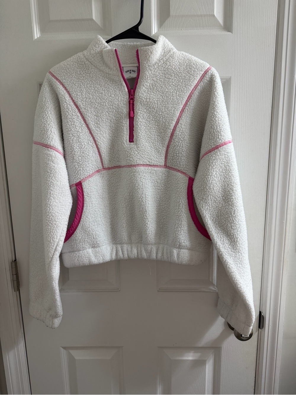 Year of Ours White Sherpa Half-Zip Pullover with Pink Trim Small S